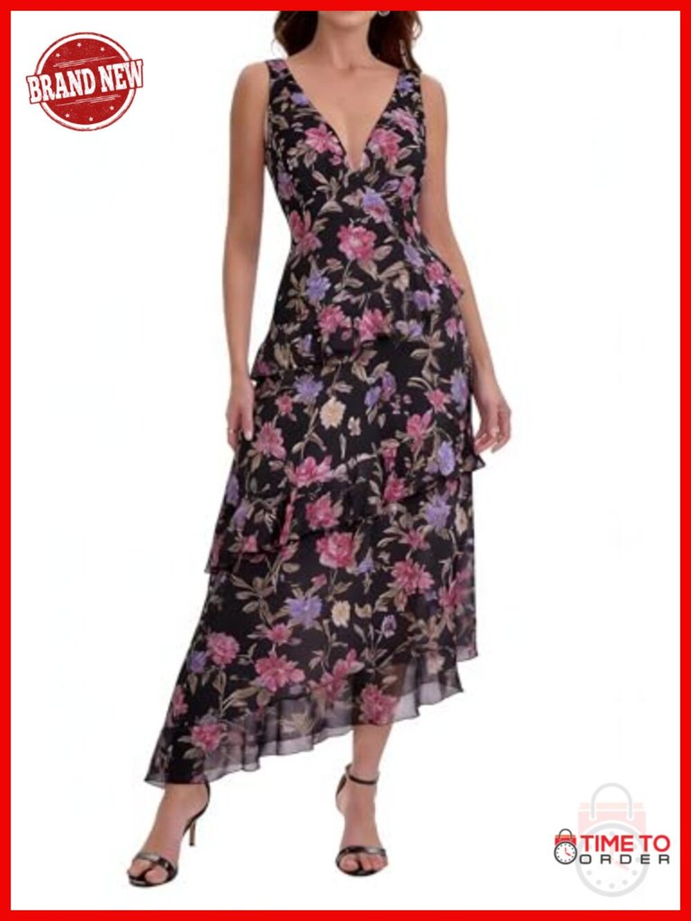 Boho Floral Mesh Maxi Dress V-Neck Sleeveless Tiered Flowy Sundress